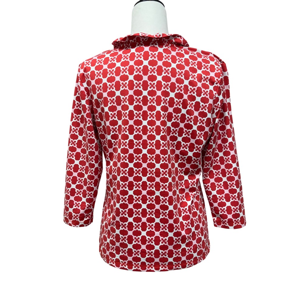 J.McLaughlin Red White Geometric Floral Catalina Cloth Ruffle Neck Top Large - Picture 3 of 7